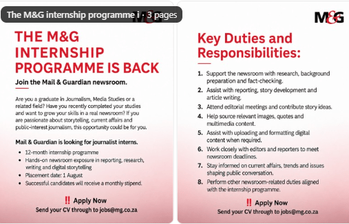 call-for-applications:-mail-&-guardian-(m&g)-2026-journalism-internship-programme-–-monthly-stipend-available call-for-applications:-mail-&-guardian-(m&g)-2026-journalism-internship-programme-–-monthly-stipend-available