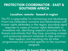Front Line Defenders (FLD) Recruiting Protection Coordinator for East & Southern Africa – Apply by 6 August 2026 front-line-defenders-(fld)-recruiting-protection-coordinator-for-east-&-southern-africa-–-apply-by-6-august-2026