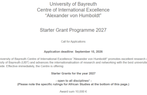University of Bayreuth Alexander von Humboldt Starter Grant Programme 2027 in Germany: €10,000 Research Funding for International PhD Holders university-of-bayreuth-alexander-von-humboldt-starter-grant-programme-2027-in-germany:-e10,000-research-funding-for-international-phd-holders