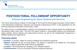Cape Peninsula University of Technology (CPUT) Postdoctoral Fellowship 2026 in Software Engineering for Space Systems & Services: R250,000 Stipend cape-peninsula-university-of-technology-(cput)-postdoctoral-fellowship-2026-in-software-engineering-for-space-systems-&-services:-r250,000-stipend