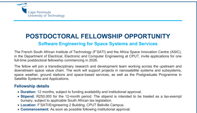 cape-peninsula-university-of-technology-(cput)-postdoctoral-fellowship-2026-in-software-engineering-for-space-systems-&-services:-r250,000-stipend cape-peninsula-university-of-technology-(cput)-postdoctoral-fellowship-2026-in-software-engineering-for-space-systems-&-services:-r250,000-stipend
