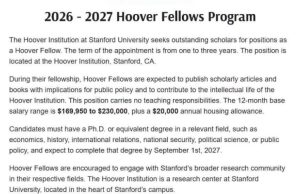 Apply for the Stanford University Hoover Fellows Program 2027: Fully Funded Early-Career Research Opportunity with Up to $230,000 Salary apply-for-the-stanford-university-hoover-fellows-program-2027:-fully-funded-early-career-research-opportunity-with-up-to-$230,000-salary