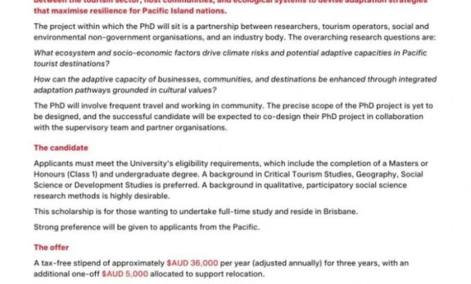 fully-funded-phd-scholarship-in-australia-2026:-aud-$36,000-stipend-to-research-climate-resilience-in-pacific-island-tourism