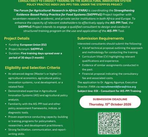 the-forum-for-agricultural-research-in-africa-(fara)-consultancy-2026:-consultant-wanted-to-deliver-a-5-day-agricultural-innovation-&-policy-training-—-apply-by-15-october the-forum-for-agricultural-research-in-africa-(fara)-consultancy-2026:-consultant-wanted-to-deliver-a-5-day-agricultural-innovation-&-policy-training-—-apply-by-15-october