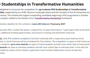 Fully Funded PhD at Durham University 2027: 11 Studentships Open to International Students (Apply Before 15 January!) fully-funded-phd-at-durham-university-2027:-11-studentships-open-to-international-students-(apply-before-15-january!)