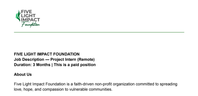 five-light-impact-foundation-project-intern-2026:-fully-remote-nonprofit-internship-for-3-months-—-apply-now five-light-impact-foundation-project-intern-2026:-fully-remote-nonprofit-internship-for-3-months-—-apply-now